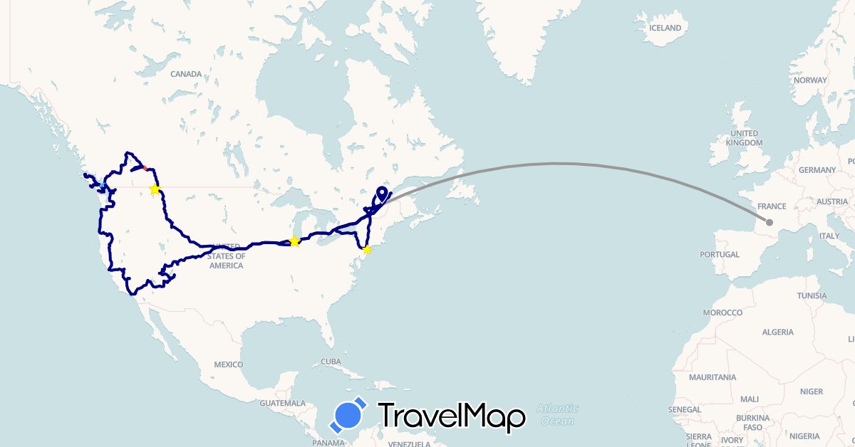 TravelMap itinerary: driving, plane, hiking, boat in Canada, France, United States (Europe, North America)
